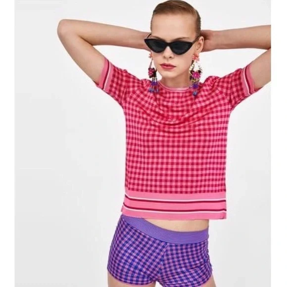 zara checkered pink knit shirt - Picture 7 of 7